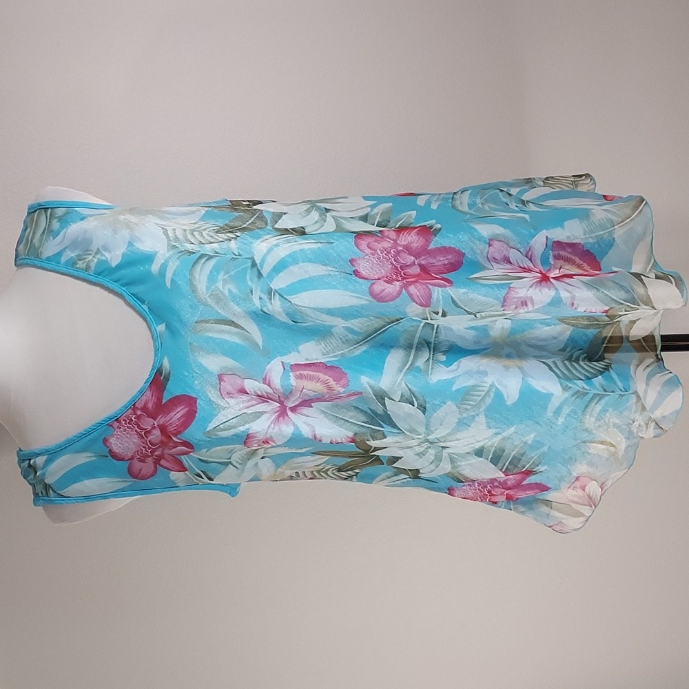 Tina's Creations Hibiscus Hawaii Collection Blue Pink Sheer Floral Tank Top L